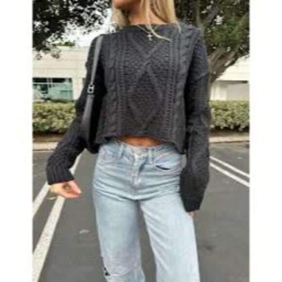 FREE PEOPLE Cutting Edge Cotton Cable Sweater in Black Size X-Large - Picture 1 of 14